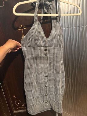 Plaid Halter Button-Front Mini Dress - Gray